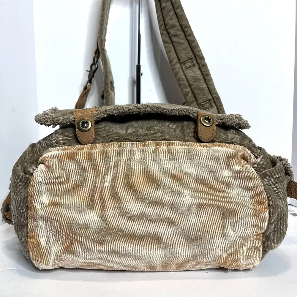 Scruffy Dog Trading Co Vtg Messenger Khaki Canvas Tan Leather Shoulder Bag